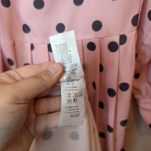 Polka Dot Dress Ascot Neck Tie Bow Pink Black Full Button Down Midi Length Small - Picture 7 of 13